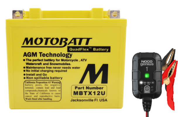 Combo - MotoBatt QuadFlex MBTX12U 12V 14 Ah 200 CCA AGM Powersports Battery plus NOCO GENIUS1 6V/12V 1-Amp Smart Battery Charger