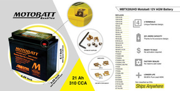 MotoBatt MBTX20UHD 12V 21 Ah 330 CCA NB Terminal Sealed Lead Acid (SLA) AGM Battery replaces YTX20 YTX20L YTX20BS YTX20HBS YTX20LBS YTX20HLBS YTX20HLBSPW YTX20H YTX20HL YTX20HLPW
