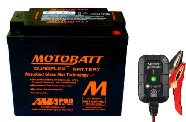 Combo - MotoBatt QuadFlex MBTX20UHD 12V 21 Ah 330 CCA AGM Powersports Battery plus NOCO GENIUS1 6V/12V 1-Amp Smart Battery Charger