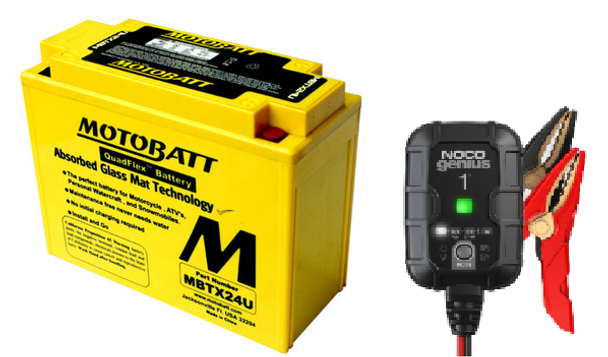 Combo - MotoBatt QuadFlex MBTX24U 12V 25 Ah 350 CCA AGM Powersports Battery plus NOCO GENIUS1 6V/12V 1-Amp Smart Battery Charger