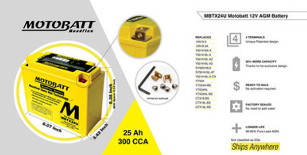 MotoBatt MBTX24U 12V 25 Ah 350 CCA NB Terminal Sealed Lead Acid (SLA) AGM Battery replaces YTX18BS YTX18LBS GTX18LBS Y50N18AA Y50N18LA Y50N18LA2 Y50N18LA3 Y50N18LACX SY50N18LA SY50N18LAT YTX24HLBS YTX24HL 12N183 12N183A ETX18L