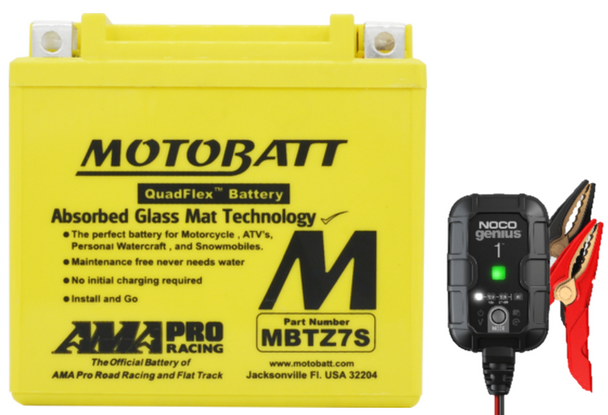 Combo - MotoBatt QuadFlex MBTZ7S 12V 6.5 Ah 130 CCA AGM Powersports Battery plus NOCO GENIUS1 6V/12V 1-Amp Smart Battery Charger