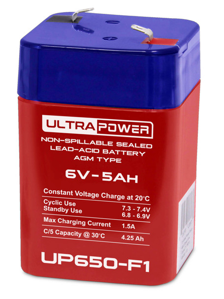 ULTRAPOWER UP650-F1 6 V 5 Ah F1 Rechargeable, Maintenance-Free Absorbent Glass Mat (AGM) Battery