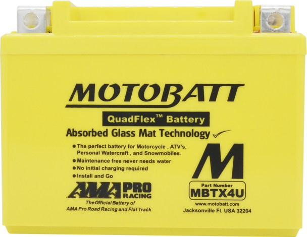 MotoBatt MBTX4U 12V 4.7 Ah 70 CCA NB Terminal Sealed Lead Acid (SLA) AGM Powersports Battery replaces YTX4L YTX4LBS YT4LBS YB4LA YB4LB