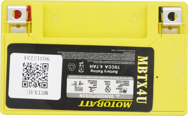 MotoBatt MBTX4U 12V 4.7 Ah 70 CCA NB Terminal Sealed Lead Acid (SLA) AGM Powersports Battery replaces YTX4L YTX4LBS YT4LBS YB4LA YB4LB