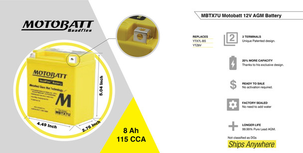 MotoBatt MBTX7U 8Ah 115 CCA AGM Powersports Battery replaces YTX7L YTX7L-BS YTZ8V