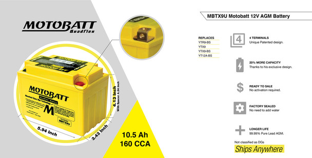 MotoBatt MBTX9U 10.5Ah 160 CCA AGM Powersports Battery replaces YTX9 YTX9-BS