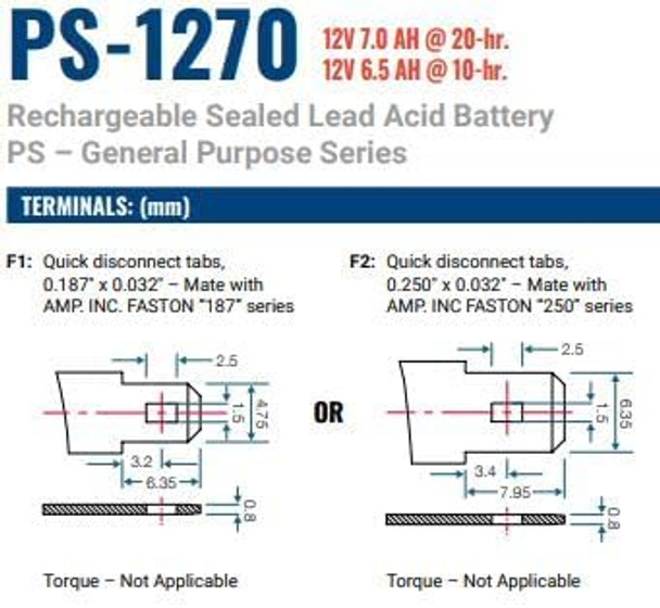 Power-Sonic PS-1270F1 12V 7Ah F1 AGM Rechargeable Batteries - 2 Pack