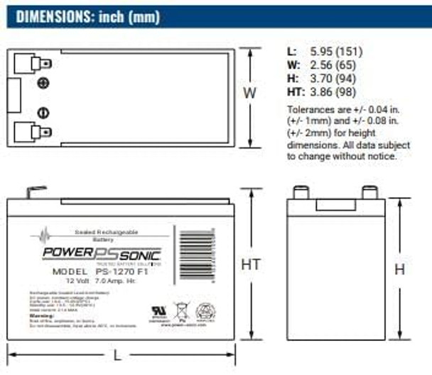 Power-Sonic PS-1270F1 12V 7Ah F1 AGM Rechargeable Batteries - 2 Pack