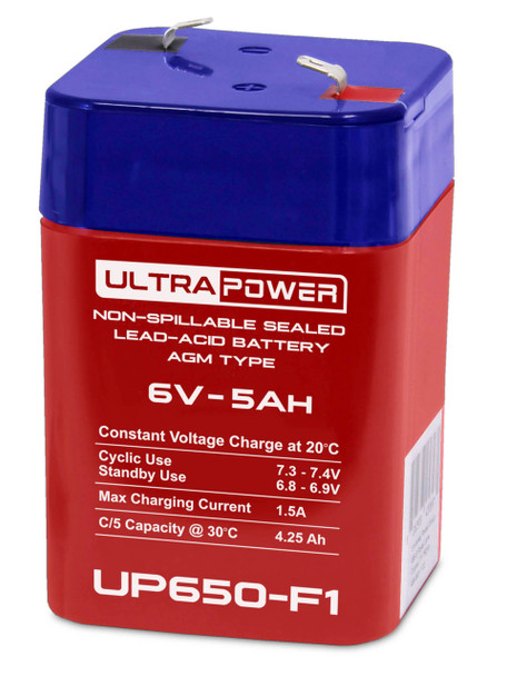 ULTRAPOWER UP650-F1 6V 5Ah F1 Rechargeable Maintenance-Free Absorbent Glass Mat (AGM) Battery