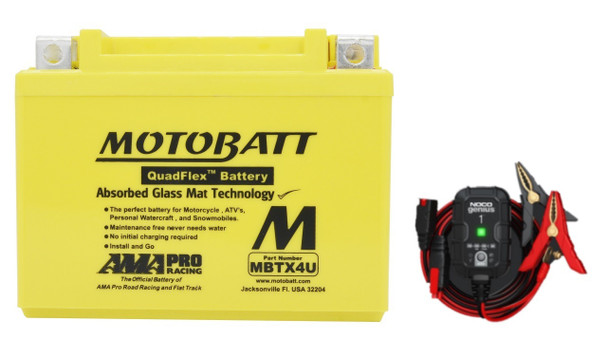 MotoBatt MBTX4U 4.7Ah AAGM Battery bundle with NOCO GENIUS1 6V/12V 1A Charger