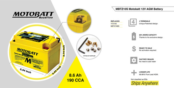 MotoBatt MBTZ10S 8.6Ah 190 CCA AGM Powersports Battery replaces YTZ10S