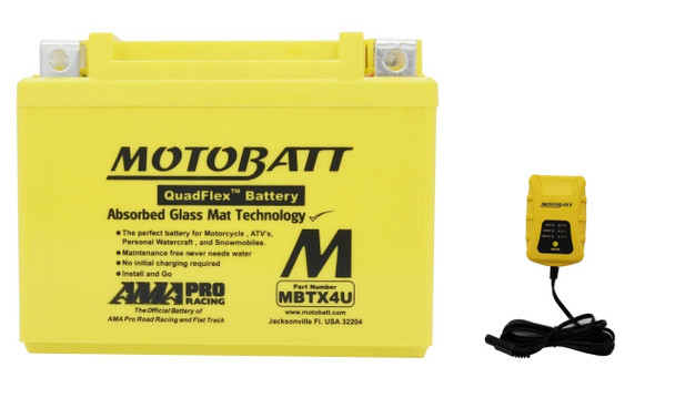 MotoBatt MBTX4U 4.7Ah AAGM Battery bundle with MotoBatt PDCT1 12V/6V 1A Charger