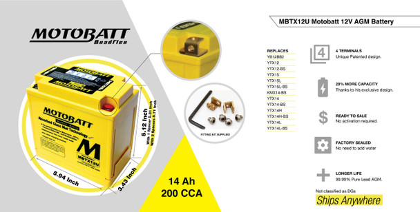 MotoBatt MBTX12U 14Ah 200 CCA AGM Powersports Battery replaces YTX12 YB12BB2 YTX12BS YTX12 ETX12 PC545
