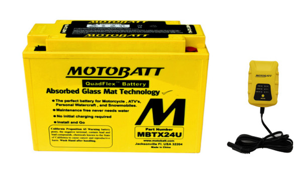 MotoBatt MBTX24U 25Ah 350 CCA AGM Powersports Battery replaces YTX24HL with MotoBatt PDCT1 6V/12V 1A Smart Charger