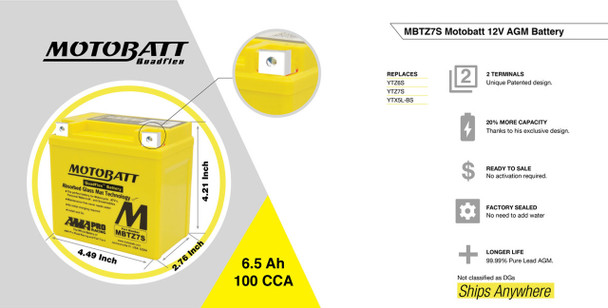 MotoBatt MBTZ7S 6.5Ah 130 CCA AGM Powersports Battery replaces YTX5L