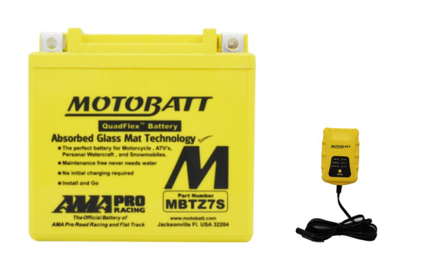 MotoBatt MBTZ7S 6.5Ah 130 CCA AGM Powersports Battery replaces YTX5L with MotoBatt PDCT1 6V/12V 1A Smart Charger