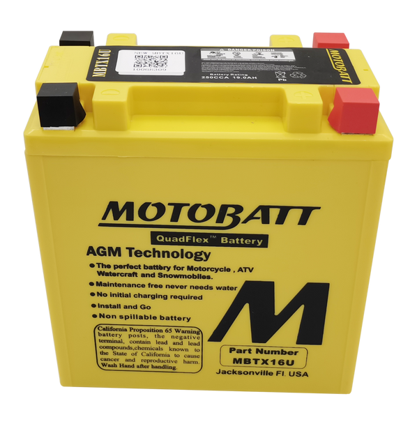 MotoBatt MBTX16U 19Ah 250 CCA AGM Powersports Battery replaces YTX16 YTX16-BS YTX16-BS1 YTX20-ABS YTX20-CHBS