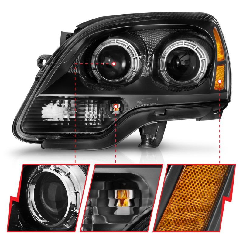 Pair Black Projector Headlights For 2007-2012 GMC Acadia - Halogen, DOT/SAE, Driver & Passenger Side