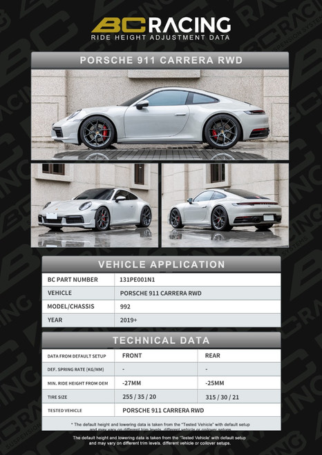 BC Racing ASP Height Adjustable Springs for 2019+ Porsche 911 Carrera 2 [992] - 131PE001N1