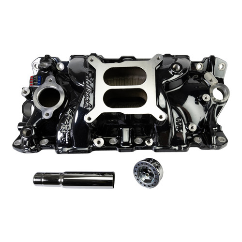 Edelbrock Chevy Small Block Performer EPS Intake Manifold Part #2703-BP with Oil Fill Tube – Black Plasma Finish