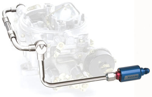 Edelbrock Part 8133 Chrome Steel Dual Feed Fuel Line with Blue Anodized Aluminum Filter for Thunder Series Carbs
