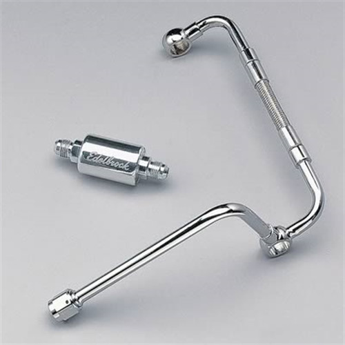 Edelbrock Part 8128 Chrome Steel Dual Feed Fuel Inlet with Polished Aluminum Filter for Thunder Series AVS Carbs