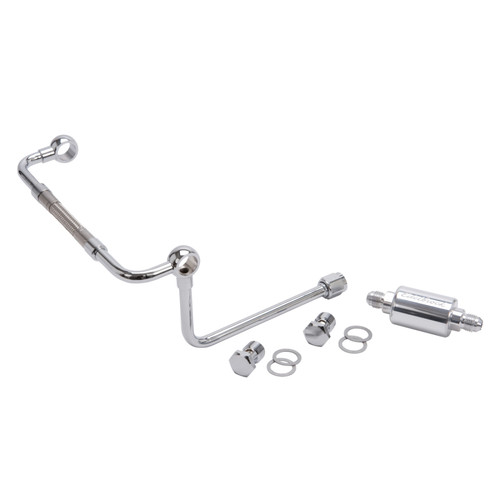 Edelbrock Part 8128 Chrome Steel Dual Feed Fuel Inlet with Polished Aluminum Filter for Thunder Series AVS Carbs