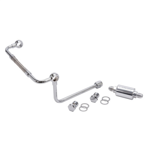 Edelbrock Part 8128 Chrome Steel Dual Feed Fuel Inlet with Polished Aluminum Filter for Thunder Series AVS Carbs