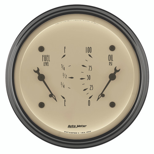 AutoMeter Gauge Dual Fuel & Oilp 3-3/8in. 0 Ohm(e) to 90 Ohm(f)& 100PSI Elec Antq Beige