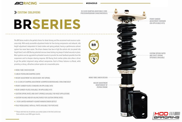 BC Racing BR Series 2-way Adjustable Coilovers (15+ GTI/Golf R)(H-24-BR)-54.5mm Strut Models- Track, Race, Lower, stance, modbargains.com