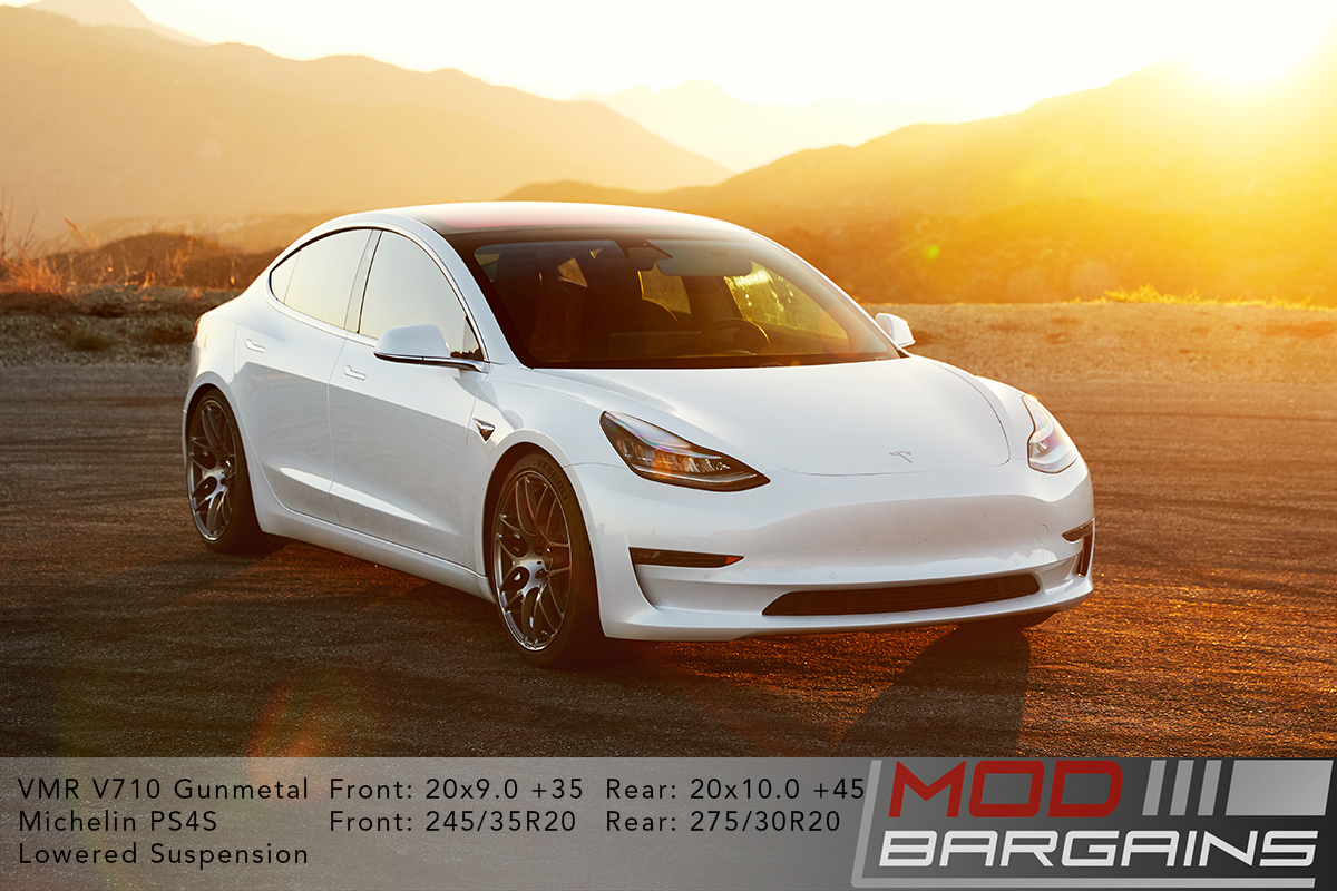 Pearl White Multi-Coat Tesla Model 3 on VMR V710 in gunmetal 20x9 front 20x10 rear