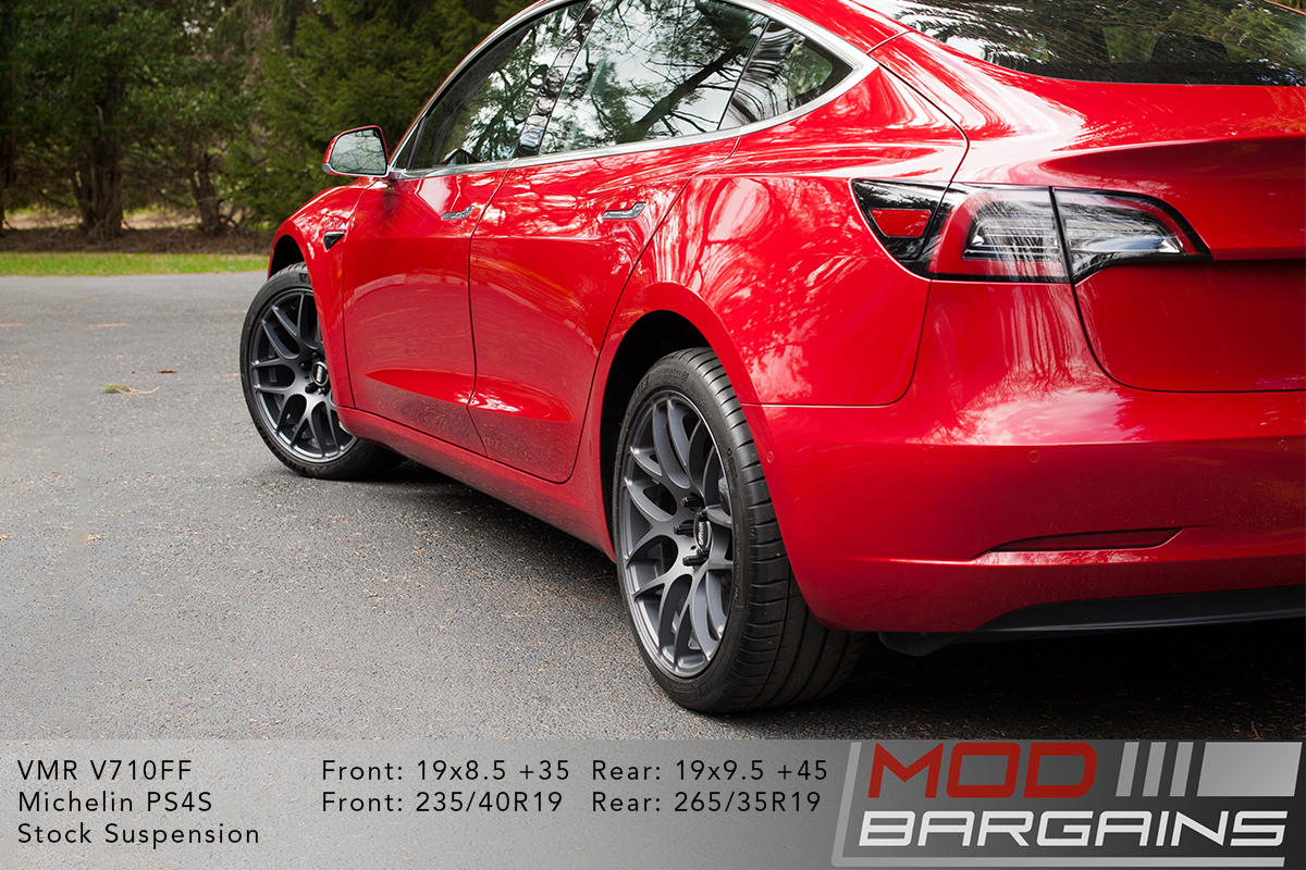 Red Multi-coat Tesla Model 3 on VMR V710FF Mesh Spoke Wheels 19x8.5 front and 19x9.5 rear