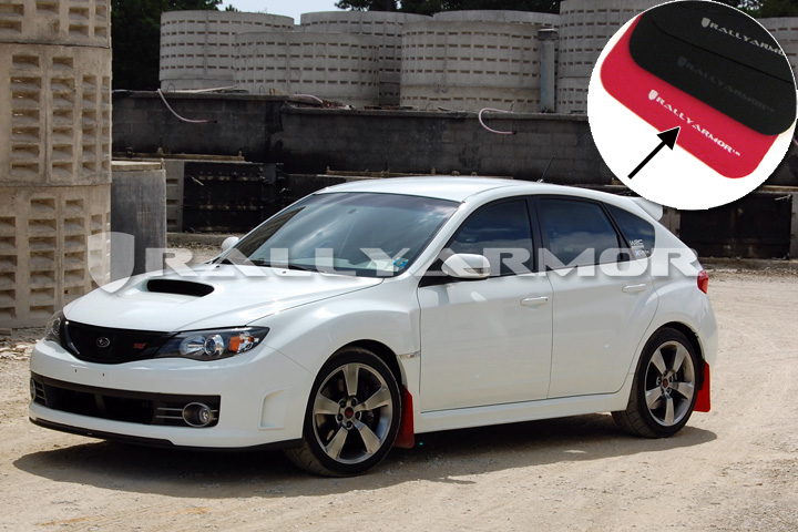 rally armor red mudflaps with white logo on sti hatchback