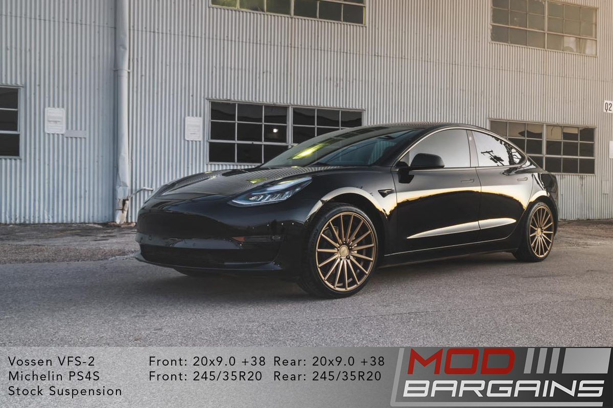 Solid Black Tesla Model 3 on Vossen VFS-2 Wheels 20x9 square Michelin PS4S Stock Suspension