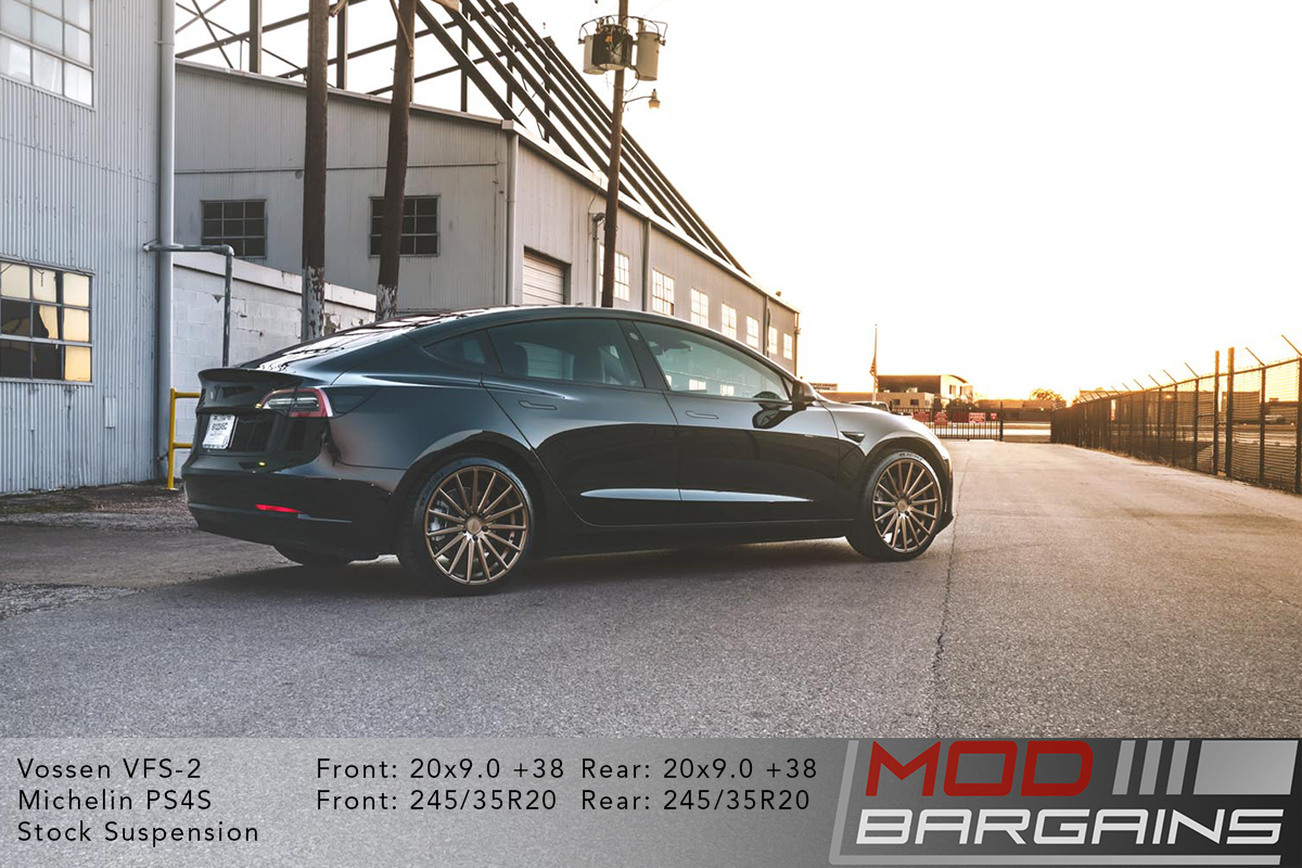 Solid Black Tesla Model 3 on Vossen VFS-2 Wheels 20x9 square Michelin PS4S Stock Suspension