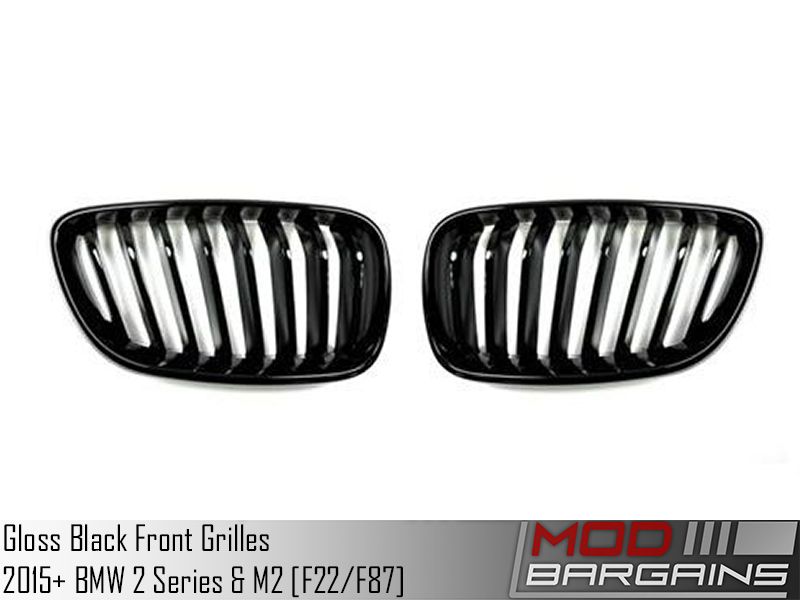 Replacement Gloss Black Front Grillies- F22 2 series [ BM-0172-GB ]. Autotecknic part number ATK- BM-0172-GB, Modbargains.