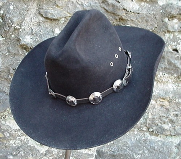 WESTERN HAT BAND BLACK LEATHER w 10 Nickel Conchos, 3 PC Buckle Set  NEW!