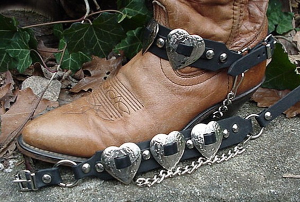 WESTERN BOOTS BOOT CHAINS LADIES BLACK TOPGRAIN LEATHER W 3 SILVER HEART CONCHOS