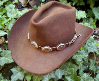 WESTERN HAT BAND BROWN LEATHER w 10 OVAL Scalloped Nickel Conchos, 3 PC Buckle