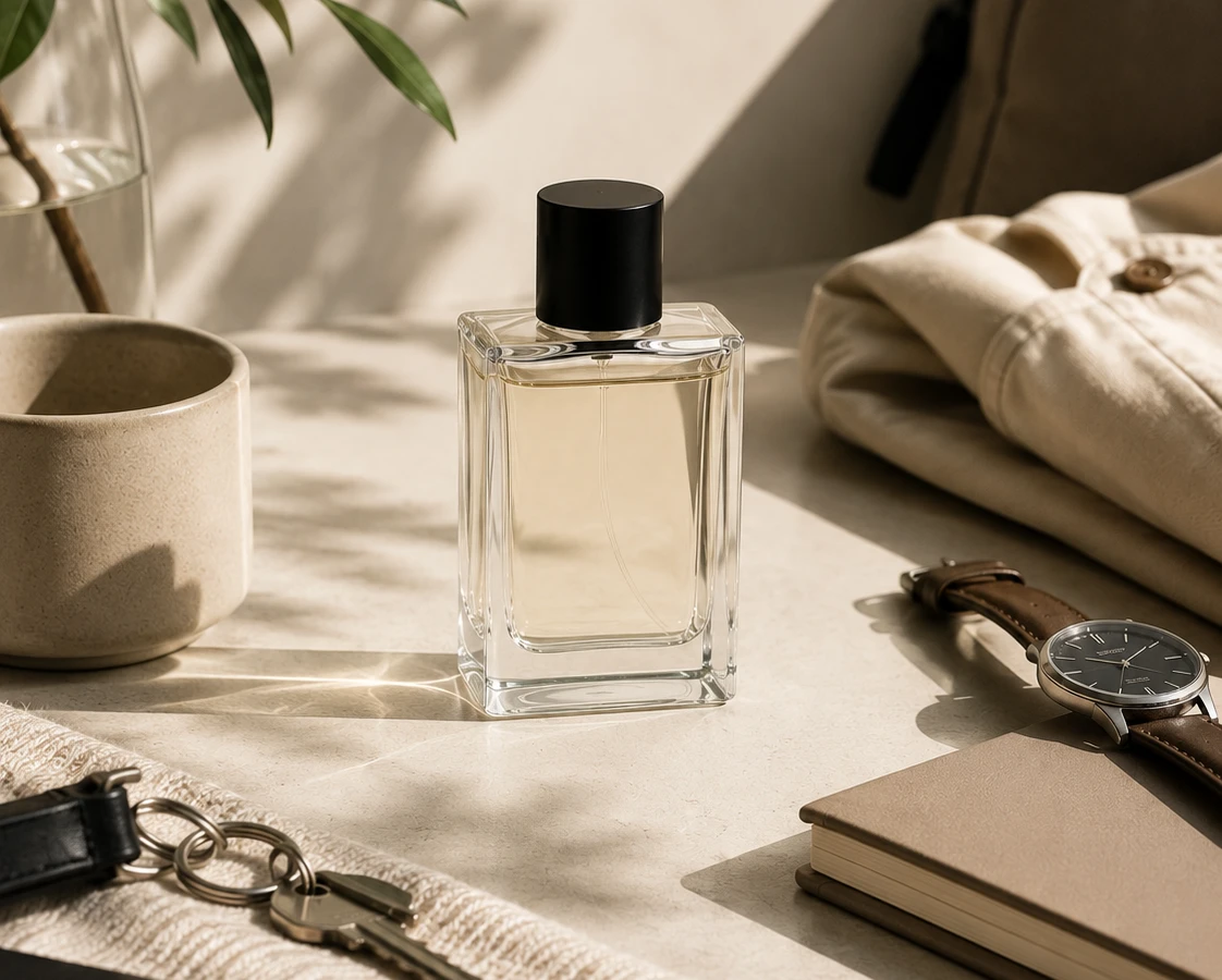 Clean everyday fresh fragrance flatlay with watch and notebook