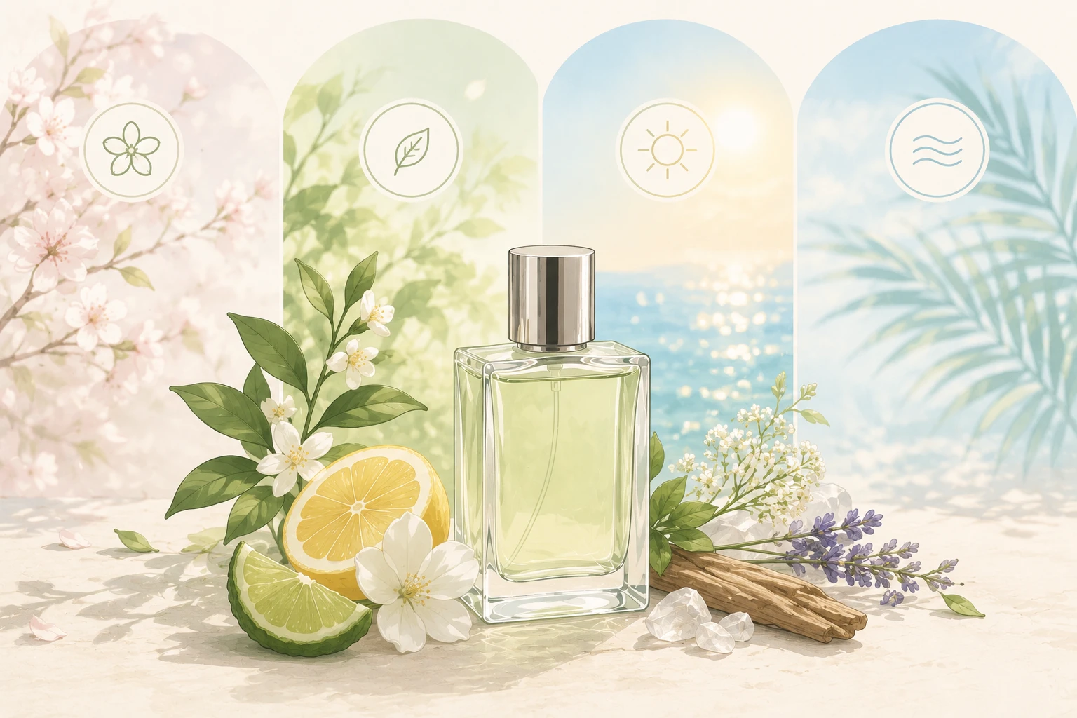 Spring and summer fragrance surrounded by citrus, florals and greenery