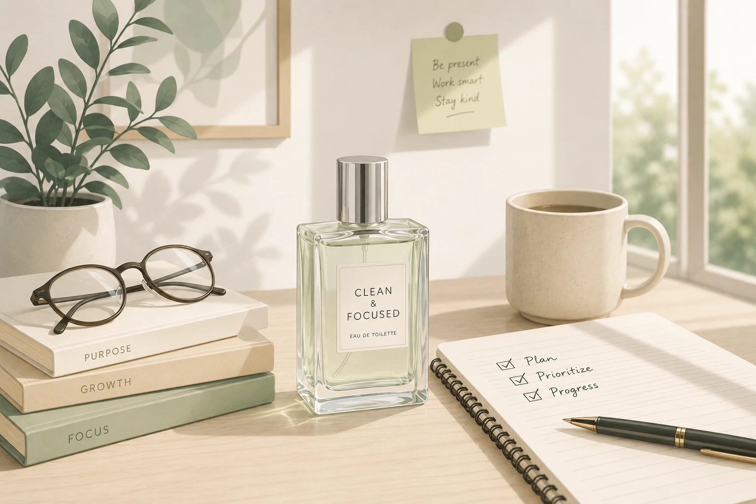 Subtle office-friendly fragrance on a desk with glasses and plant