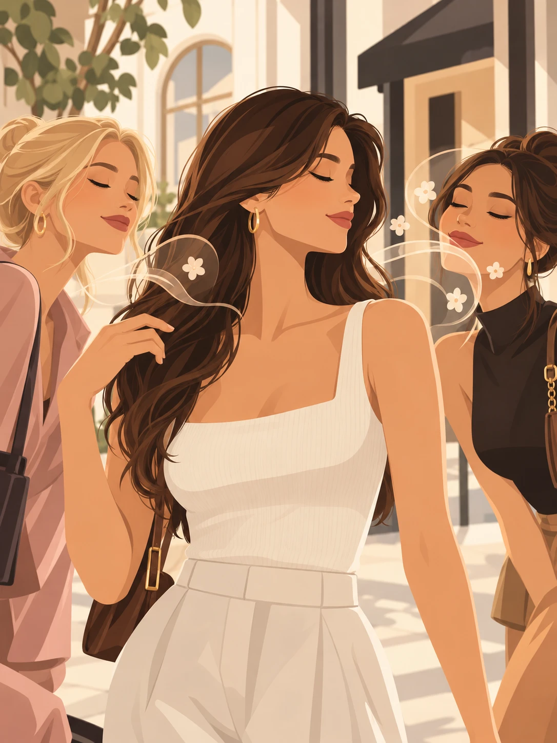 Can other people still smell your perfume: a woman shrugs at her own wrist while the friend beside her clearly catches the scent in the air