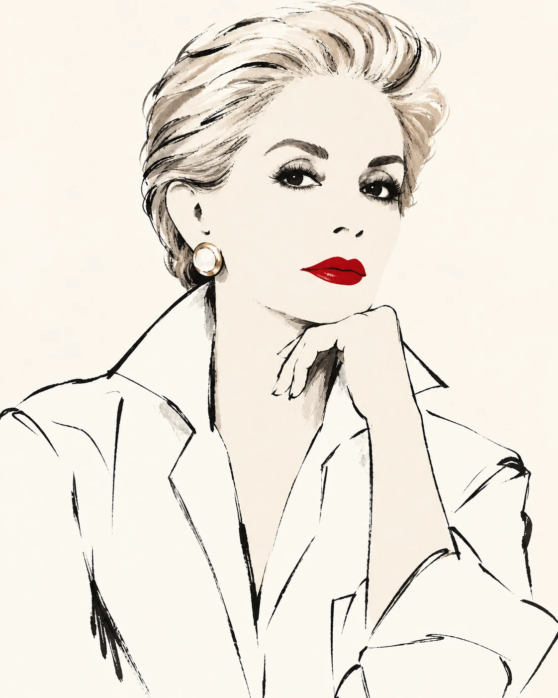 Carolina Herrera pictured in her early years sporting her iconic crisp white shirt and red lipstick signature look, circa 1981.