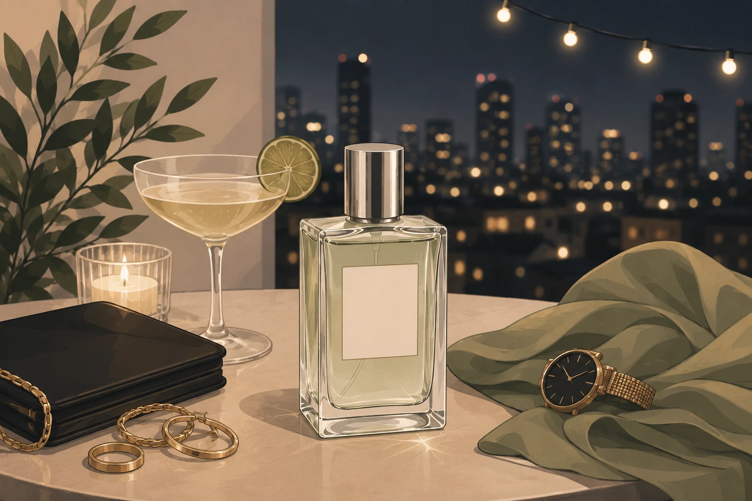 Evening fresh fragrance beside a cocktail with city lights behind