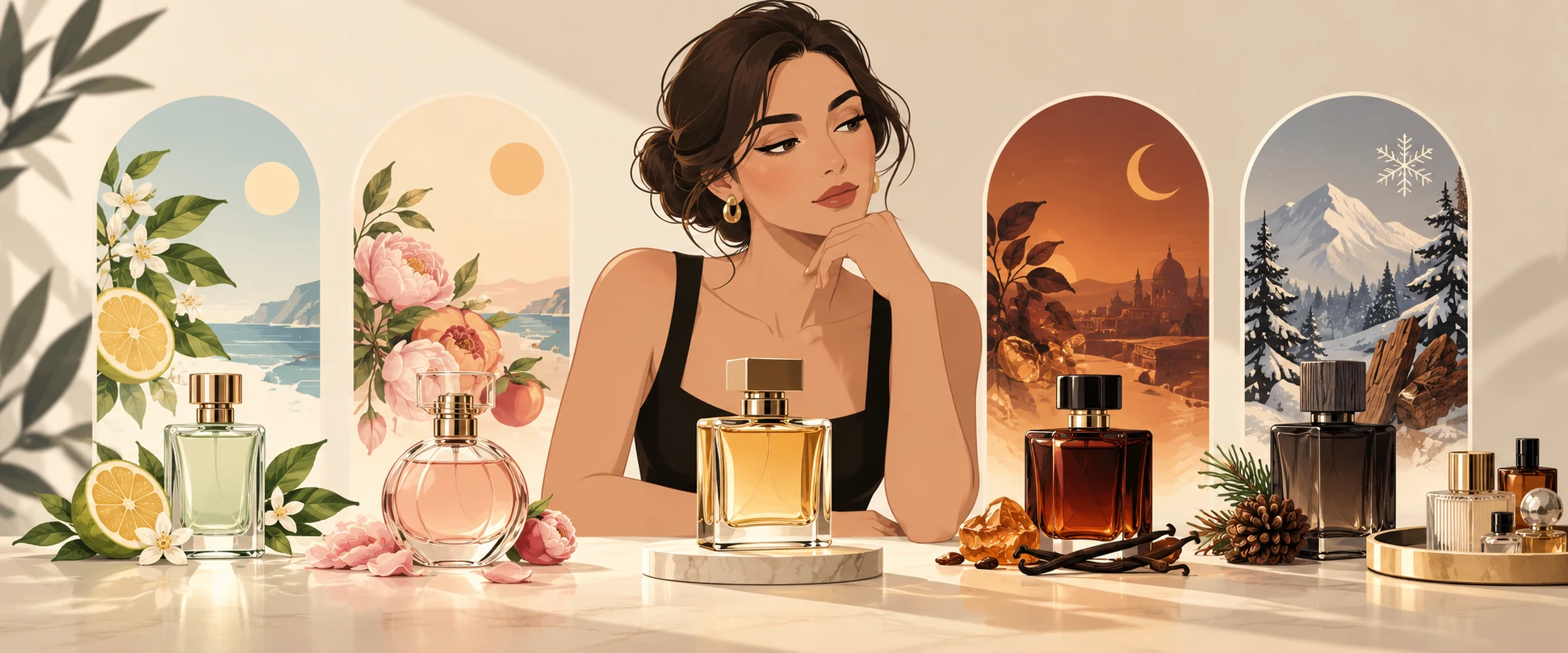 Choosing the right fragrance: a woman considers a golden bottle between arches for fresh, floral, amber and woody scents