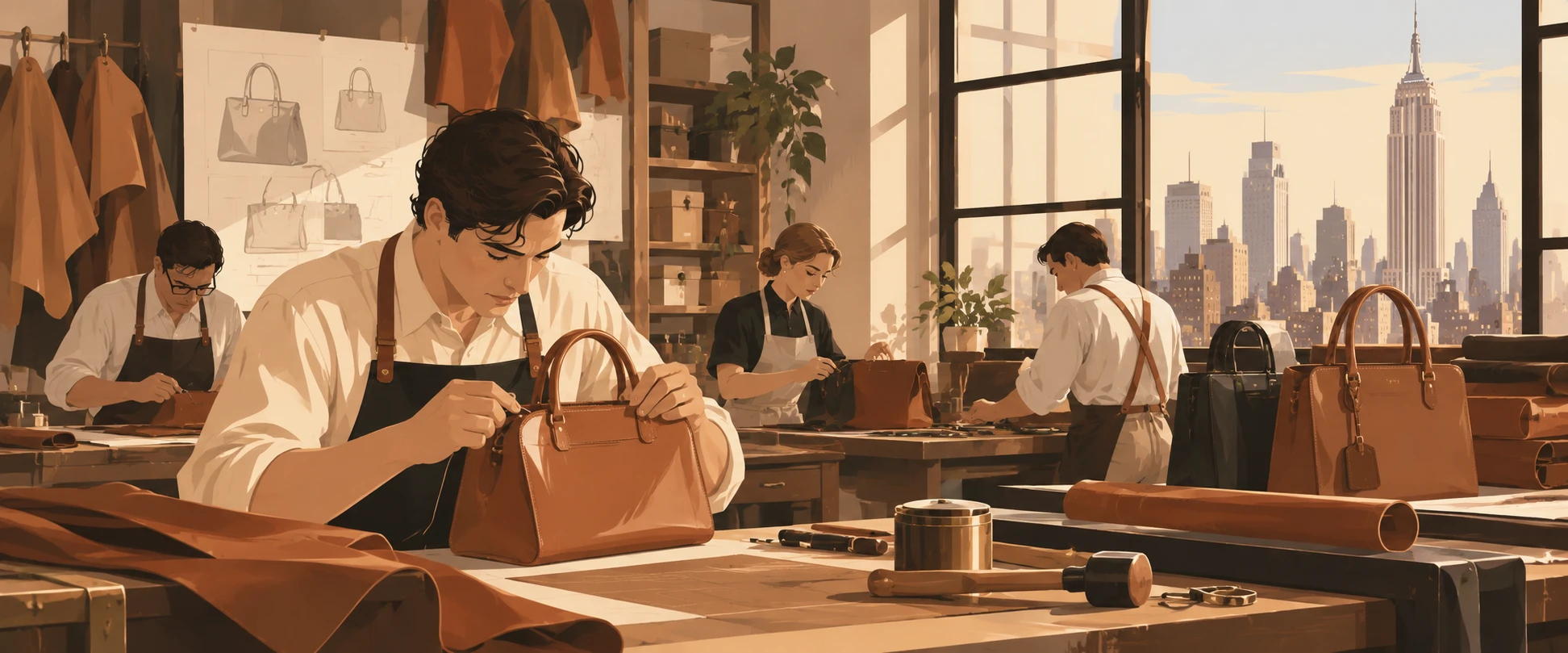 Under the direction of Miles and Lillian Cahn, six artisans crafted leather goods by hand, creating Coach in 1941.