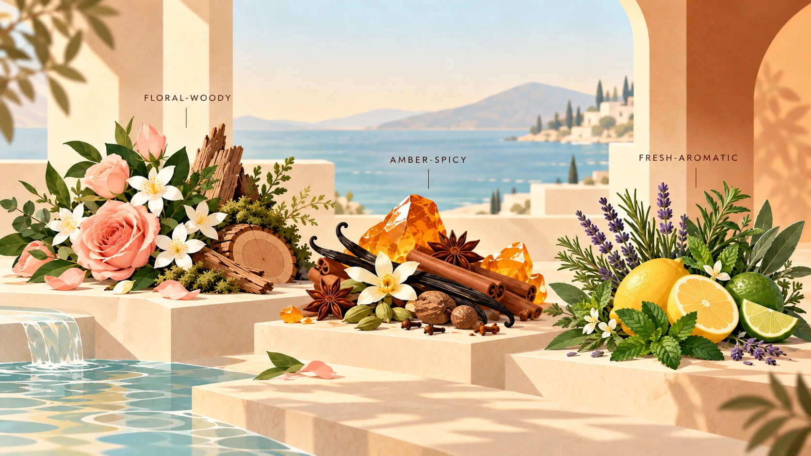 Three fragrance blends on a sunlit terrace: floral-woody (rose, jasmine and cedar), amber-spicy (amber, vanilla, cinnamon and star anise) and fresh-aromatic (lemon, lime, mint, lavender and rosemary)