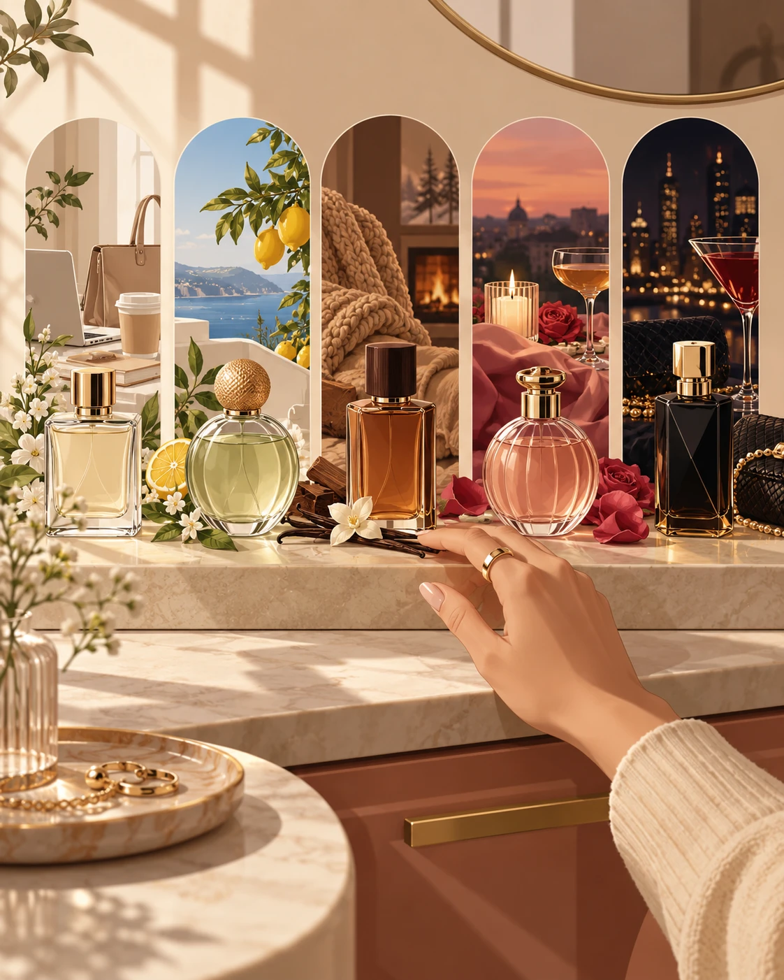 A hand reaches for one of five bottles on a marble vanity, each set in front of an arch showing a different moment: a work desk, a lemon-grove coastline, a fireside blanket, a candlelit dinner and a city night out